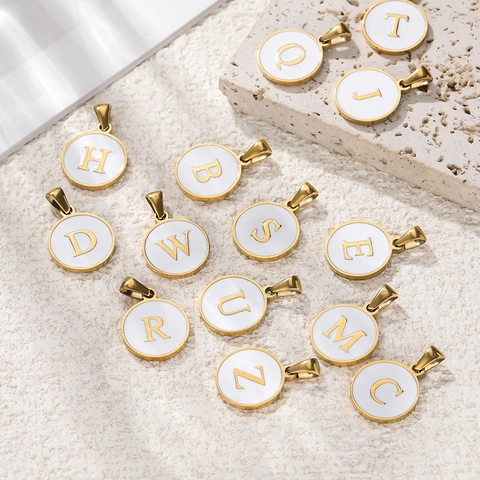 Round Alphabet Letter A-Z Pendants Stainless Steel White Enamel Gold Plated Charms For DIY Jewelry Making Simple Fashion