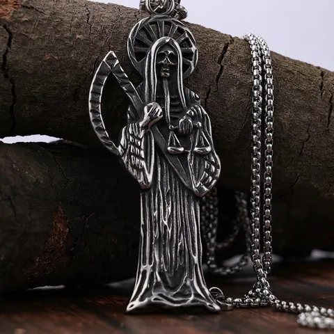Collana Con Ciondolo Santa Muerte Mietitore Acciaio Inossidabile Gothic Punk Biker Falce Bilancia Gioielli Uomo Donna