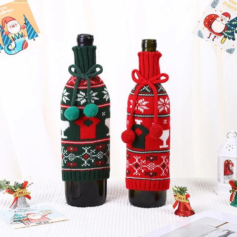 Funda Para Botella De Vino De Navidad Mini Suéter De Punto Patrón De Copo De Nieve Con Pompon Holiday Party Mesa Decoración