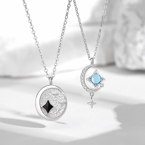 925 Sterling Silber Stern Mond Paar Halskette Elegant Strass Anhänger Halskette Minimalistisch Schlüsselbein Kette Schmuck Für Liebhaber Geschenk