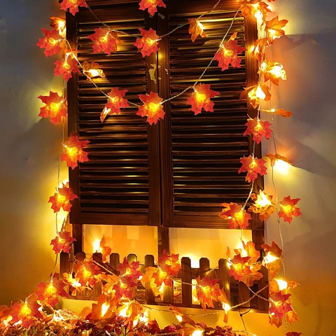Artificial Fabric Maple Leaf LED String Lights Warm White Battery Operated Thanksgiving Halloween Christmas Home Decor