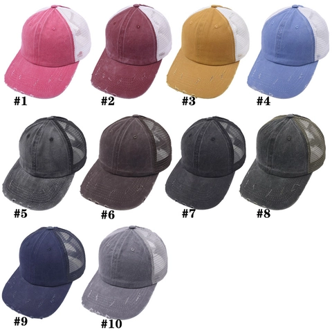 Ponytail Baseball Cap Washed Distressed Cotton Mesh Breathable Outdoor Sun Hat For Women Vintage Style Adjustable