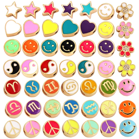 Alloy Enamel Beads For Jewelry Making DIY Colorful Star Heart Smiley Face Yin Yang Zodiac Peace Sign Flowers Charms