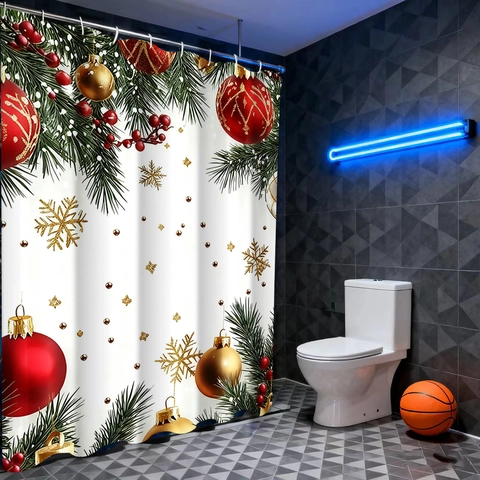 Christmas Shower Curtain Polyester Fabric Waterproof Poinsettia Ornaments Print Holiday Bathroom Decor With Hooks