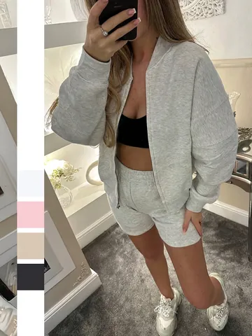 Women Casual Long Sleeve Zip Up Jacket And Elastic Waist Shorts With Pockets Loose Fit Polyamide Viscose Elastane Blend
