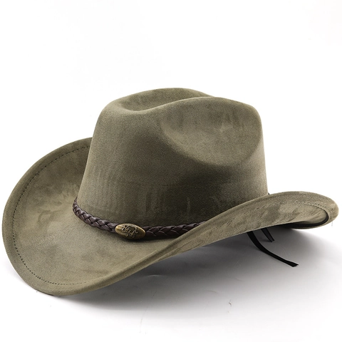Western Cowboy Hut Wildlederoptik Polyester Vintage Ritter Breite Krempe Sonnenschutz Mode Herren Damen Mit Bullen Schnalle