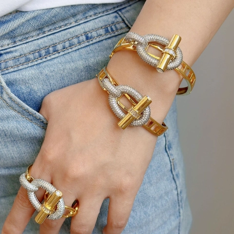 Bijoux En Cuivre Plaqué Or 18K Micro Pavé Zircon Bracelet Jonc Et Bague À Fermoir Alternatif Pour Femme