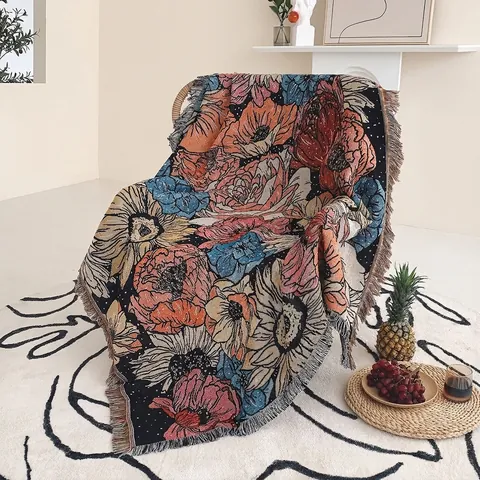 Bohemian Floral Cotton Woven Sofa Throw Blanket Multipurpose Tassel Fringe Decorative Tapestry For Camping Picnic Travel
