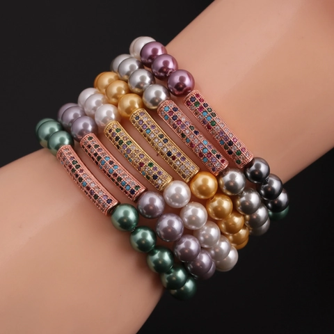 Women Beaded Bracelet With Shell Artificial Pearl And Copper Curved Tube Multi Color Zircon Micro Pave Elastic Jewelry