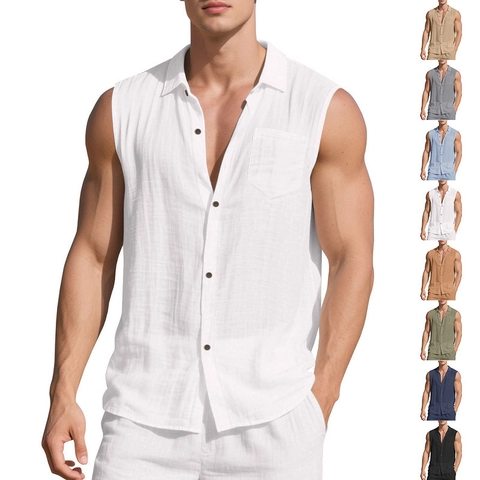 Chemise Sans Manches Et Short Pour Homme Coton Lin Texturé Ample Été Plage Vacances Décontracté