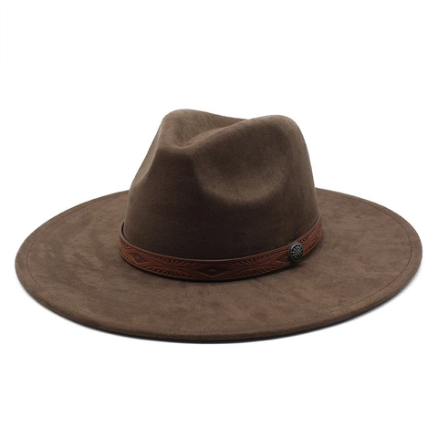 Chapeau Fedora À Bord Large En Suède Avec Bande De Cuir Gaufré Boucle Métallique Style Western Rétro