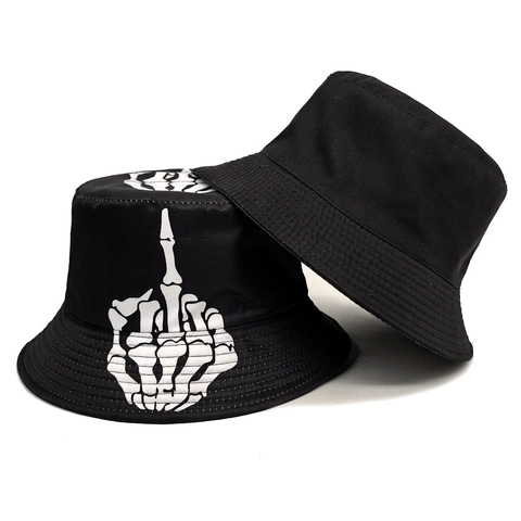 Bucket Hat Polyester Skeleton Hand Gesture Print Streetwear Sun Protection Reversible Fisherman Hat For Men And Women