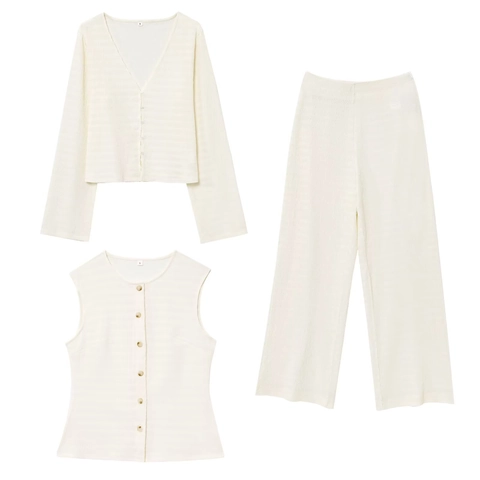 Completo Donna Casual Cardigan con Scollo a V Gilet e Pantaloni a Gamba Larga in Maglia a Coste Elegante