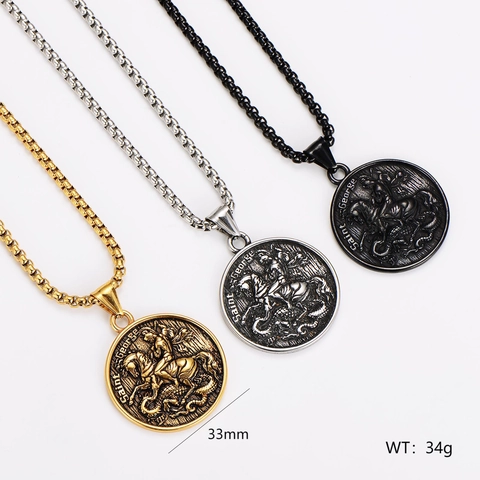Saint George Dragon Slayer Medallion Pendant Necklace 304 Stainless Steel Vintage Religious Hip Hop Jewelry For Men