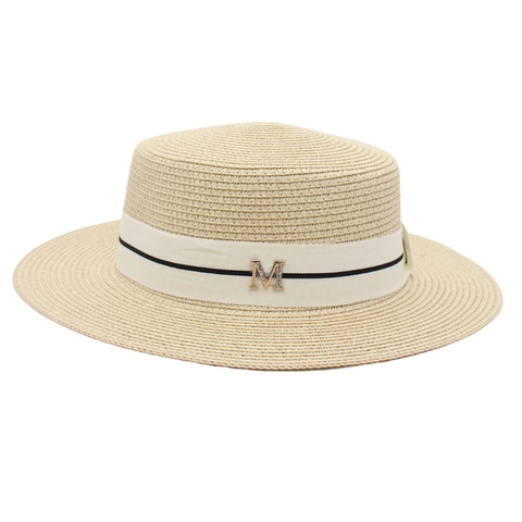 Cappello Di Paglia Donna Boater Intrecciato Protezione Solare Vacanze Estive Elegante Nastro Decoro Lettera M Metallo