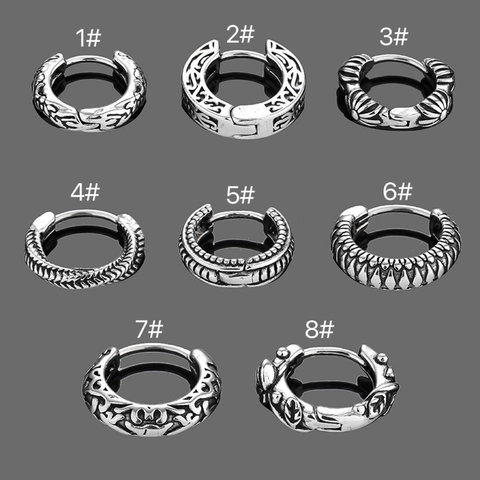 Stainless Steel Hoop Earrings Retro Gothic Tribal Pattern Engraved Huggie Buckle Ear Jewelry For Men Women Unisex