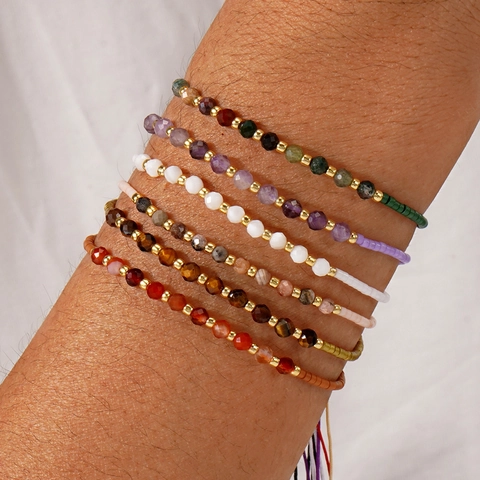 Handmade Beaded Bracelet Natural Semi Precious Stone Faceted Beads Adjustable Woven Rope Bohemian Jewelry Trendy