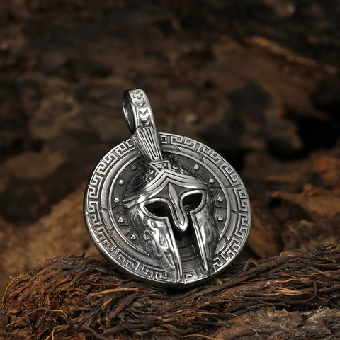 Collar Con Colgante De Escudo De Casco Espartano Acero Inoxidable Guerrero Vikingo Llave Griega Cadena De Caja Joyería Punk Hombre