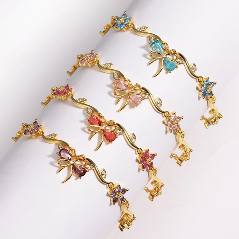 Bracelet Élégant Nœud Papillon Fleur Branche Cuivre Plaqué Or Zircon Coloré Ajustable Bijoux Doux Pour Femmes