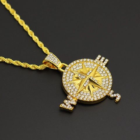 Hip Hop Gold Legierung Kompass Anhänger Halskette Mit Strass Eingelegt Gedrehte Seilkette Für Damen Herren Trend Schmuck
