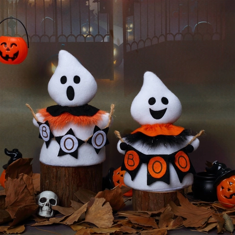 Bambole Peluche Fantasma Halloween Ornamenti Gnomi Senza Volto Con Bandiera Boo Tessuto Poliestere Acrilico Bianco Arancione Nero Decorazione Scrivania Casa Festa Spaventosa