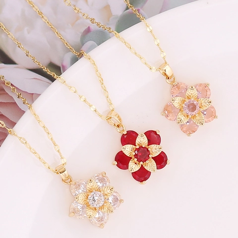 Flower Pendant Necklace 18K Gold Plated Copper With Zircon Dainty Clavicle Chain Floral Jewelry For Women
