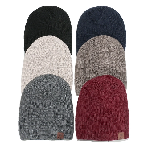 Berretto in Maglia Invernale da Uomo Caldo Spesso Motivo a Scacchi Slouchy Skull Cap Con Toppa in Pelle Per Sport All'aperto