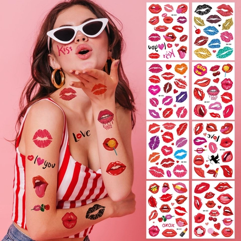 Lip Prints Temporäre Tattoo Aufkleber Herz Kuss Rose Wasserdicht Sexy Bunte Körperkunst Für Valentinstag Party Deko