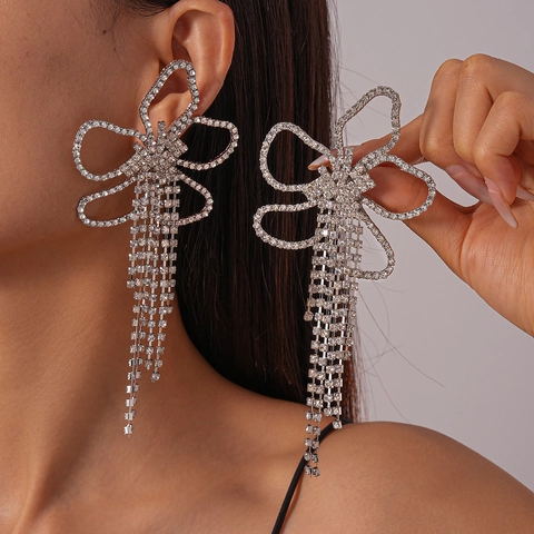 Orecchini A Nappa Con Fiori Oversize Rame Cristallo Strass Con Perno In Argento Sterling 925 Per Donna