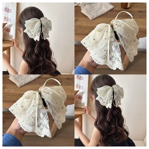 Grande Pince À Cheveux Noeud Dentelle Maille Pois Broderie Élégant Doux Style Coréen Accessoire Cheveux Pour Femmes