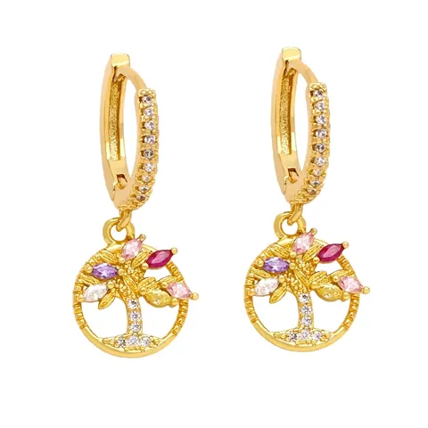 Fashion Gold Plated Copper Cross And Tree Of Life Drop Earrings With Cubic Zirconia For Women Minimalist Style