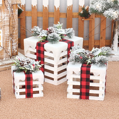 Juego de 3 Cajas de Regalo de Navidad de Madera Blanca Con Lazo de Cuadros de Búfalo Piñas Nieve Adorno Decoración Hogar