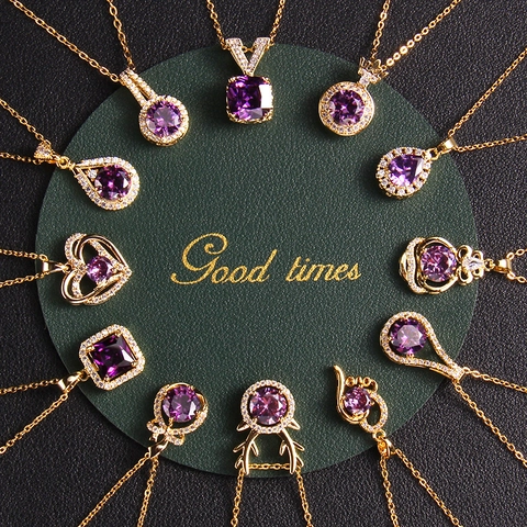 Elegante Collana con Ciondolo in Strass Viola Rame Placcato Oro Cuore Goccia d'Acqua Ciondolo Geometrico Per Donne Gioielli di Moda