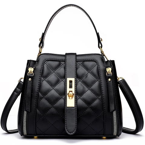 Quilted PU Leather Bucket Bag For Women Rhombic Thread Shoulder Crossbody Handbag With Gold Metal Lock Elegant Chic