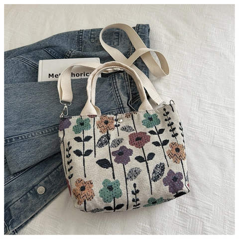 Bolso de Hombro de Lona con Estampado Floral Vintage para Mujer Bolso Tote de Pana con Fresa y Correa Ajustable Casual