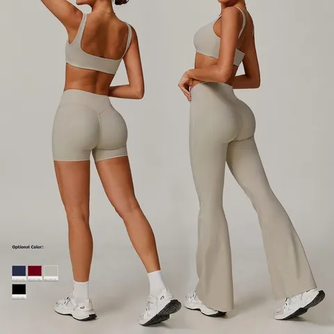 Women Yoga Workout Tracksuit Square Neck Bra High Waist Flare Leggings Nylon Spandex Naked Feeling Fitness Gym Wear