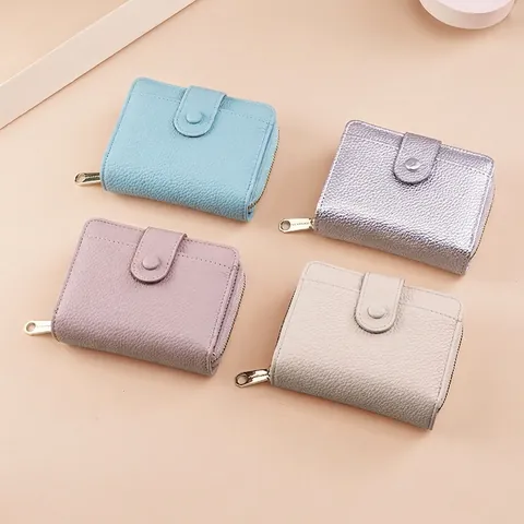 Women Litchi Texture PU Leather Wallet Small Card Holder Zipper Coin Pocket Elegant Solid Color Fashion Money Clip Girls