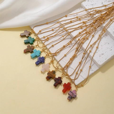 Natuursteen Kruis Hanger Ketting Roestvrij Staal Gouden Kraal Slangenketting Religieuze Sieraden