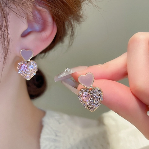 Boucles D Oreilles Double Coeur En Alliage Strass Rose Avec Tige En Argent Sterling 925 Bijoux Style Doux Et Romantique
