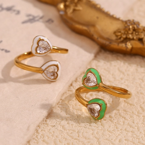 Anello Aperto In Zircone A Forma Di Cuore Placcato Oro 18K Acciaio Inoxidabile Smalto Regolabile Gioielli Per Donne