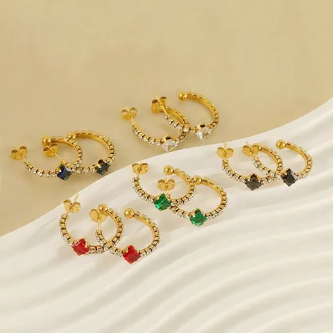 C Shaped Hoop Earrings Stainless Steel 18K Gold Plated Square Cubic Zirconia Geometric Fashion Jewelry For Women