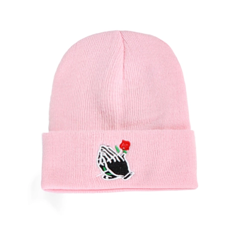 Knitted Beanie Hat Acrylic Warm Winter Praying Hands Rose Embroidery Streetwear Unisex Casual