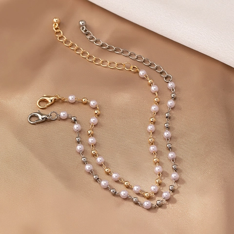 French Vintage Imitation Pearl Iron Beaded Bracelet For Women Elegant Gold Silver Color Contrast Adjustable Hand Jewelry