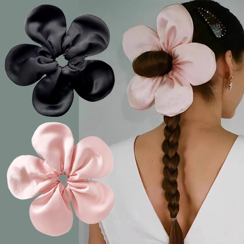 Large Flower Hair Scrunchie Satin Oversized Floral Hair Tie Elastic Handmade Elegant Headwear For Women Girls