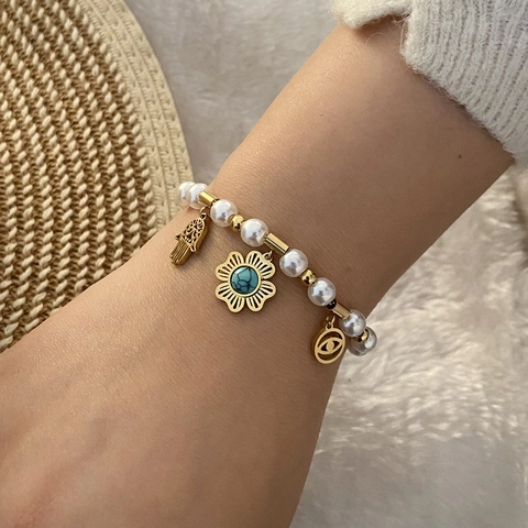 Böhmisches Handgefertigtes Künstliche Perlenarmband Edelstahl Imitationsperle Lebensbaum Schmetterling Hamsa Hand Anhänger Schmuck Für Damen
