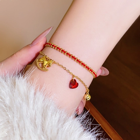 Chinese Style New Year Red String Rocking Horse Heart Charm Bracelet Double Layer Beaded Chain Jewelry For Women Gift