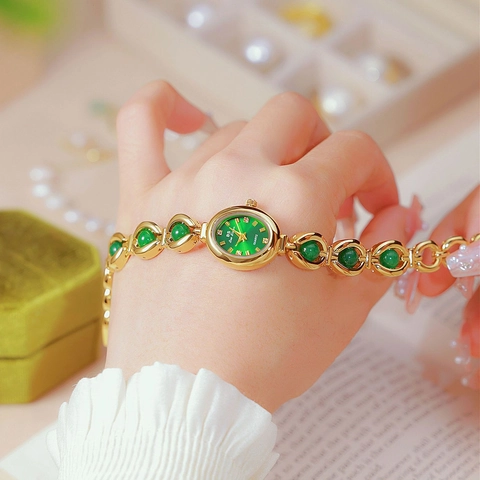 Elegant Women Quartz Bracelet Watch Alloy Oval Dial Artificial Pearl Green Gemstone Rhinestone Fashion Jewelry Wristwatch
