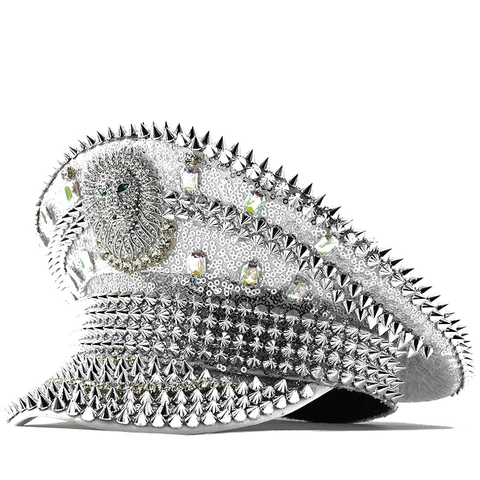 Sombrero De Capitán Con Lentejuelas Plateadas Con Picos Y Cabeza De León De Diamantes De Imitación Estilo Militar Para Fiesta