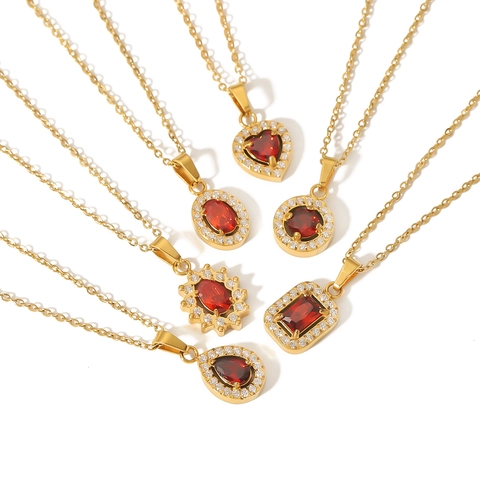 Collier Pendentif Élégant En Acier Inoxydable Plaqué Or 18 Carats Avec Halo De Zircon Rouge Bijoux Pour Femmes