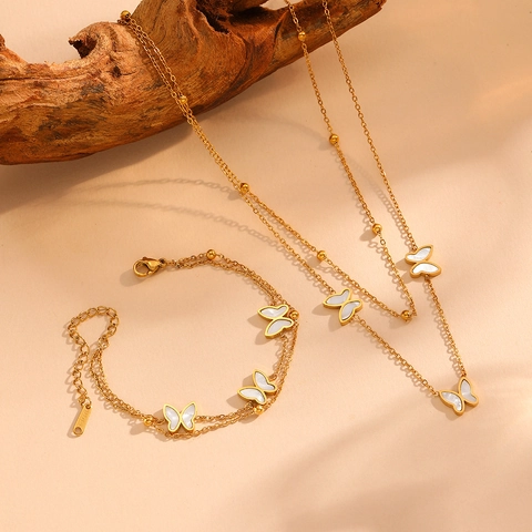 Butterfly White Shell Stainless Steel Double Layer Necklace And Bracelet Fashion 18K Gold Plated Jewelry For Women